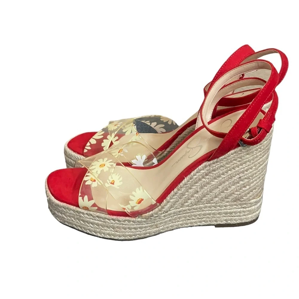 Jessica Simpson Semie Floral Jelly‎ Strap Espadrille Wedge Sandal Womens 7M Red